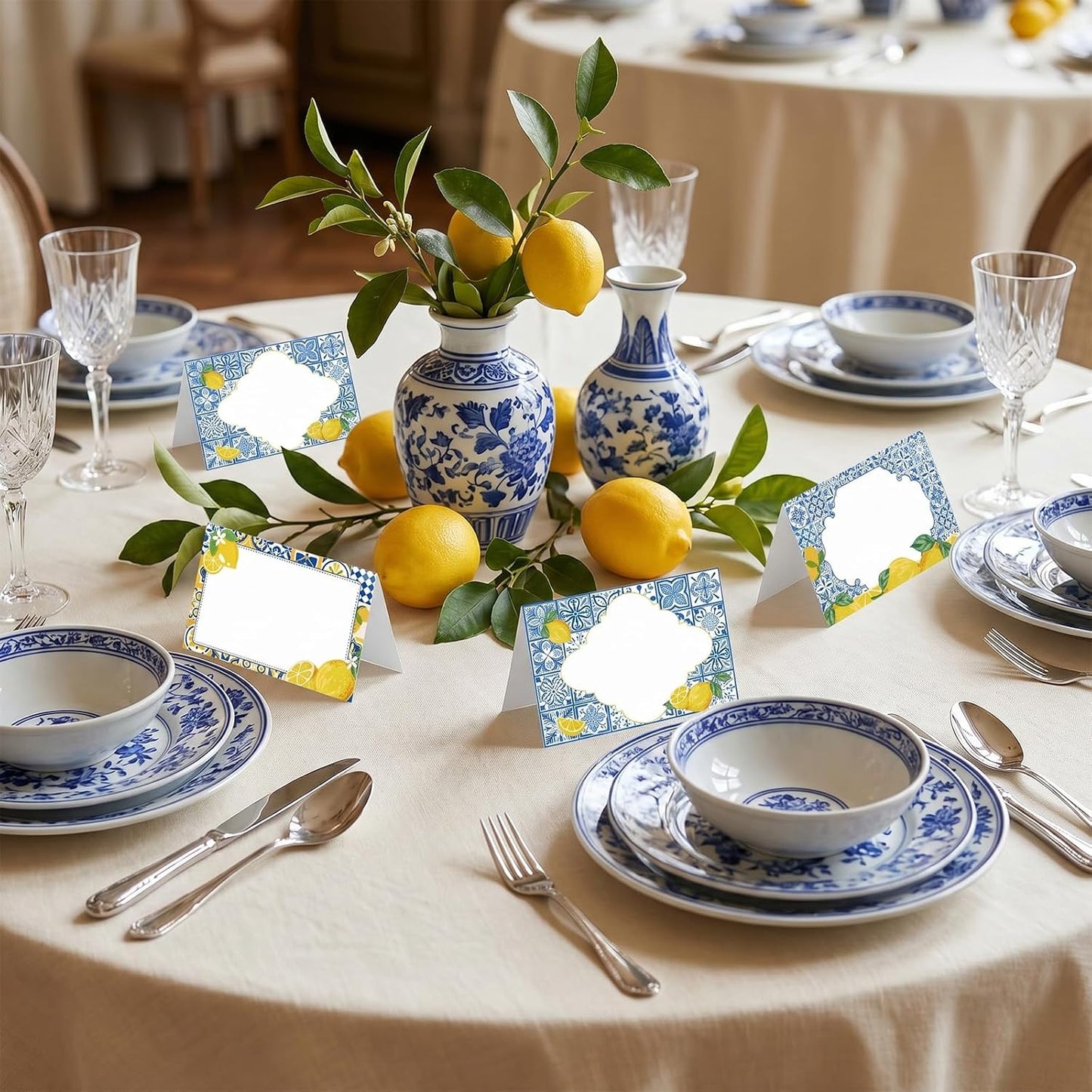 Lemon Place Cards Decor - 48 Pcs Yellow and Blue Lemon Place Cards for Table Setting, Lemons Coast Birthday Party Decorations for Bridal Shower Wedding
