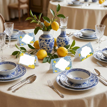 Lemon Place Cards Decor - 48 Pcs Yellow and Blue Lemon Place Cards for Table Setting, Lemons Coast Birthday Party Decorations for Bridal Shower Wedding