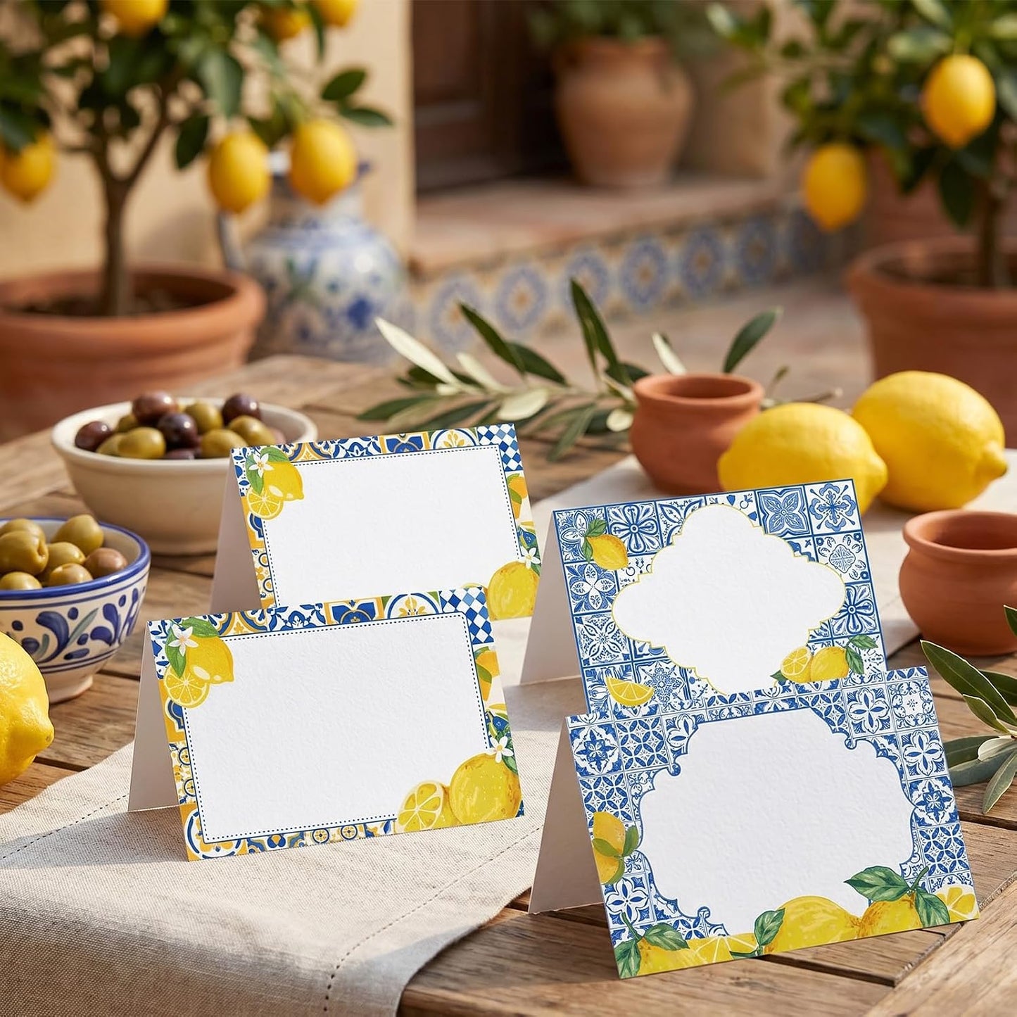 Lemon Place Cards Decor - 48 Pcs Yellow and Blue Lemon Place Cards for Table Setting, Lemons Coast Birthday Party Decorations for Bridal Shower Wedding