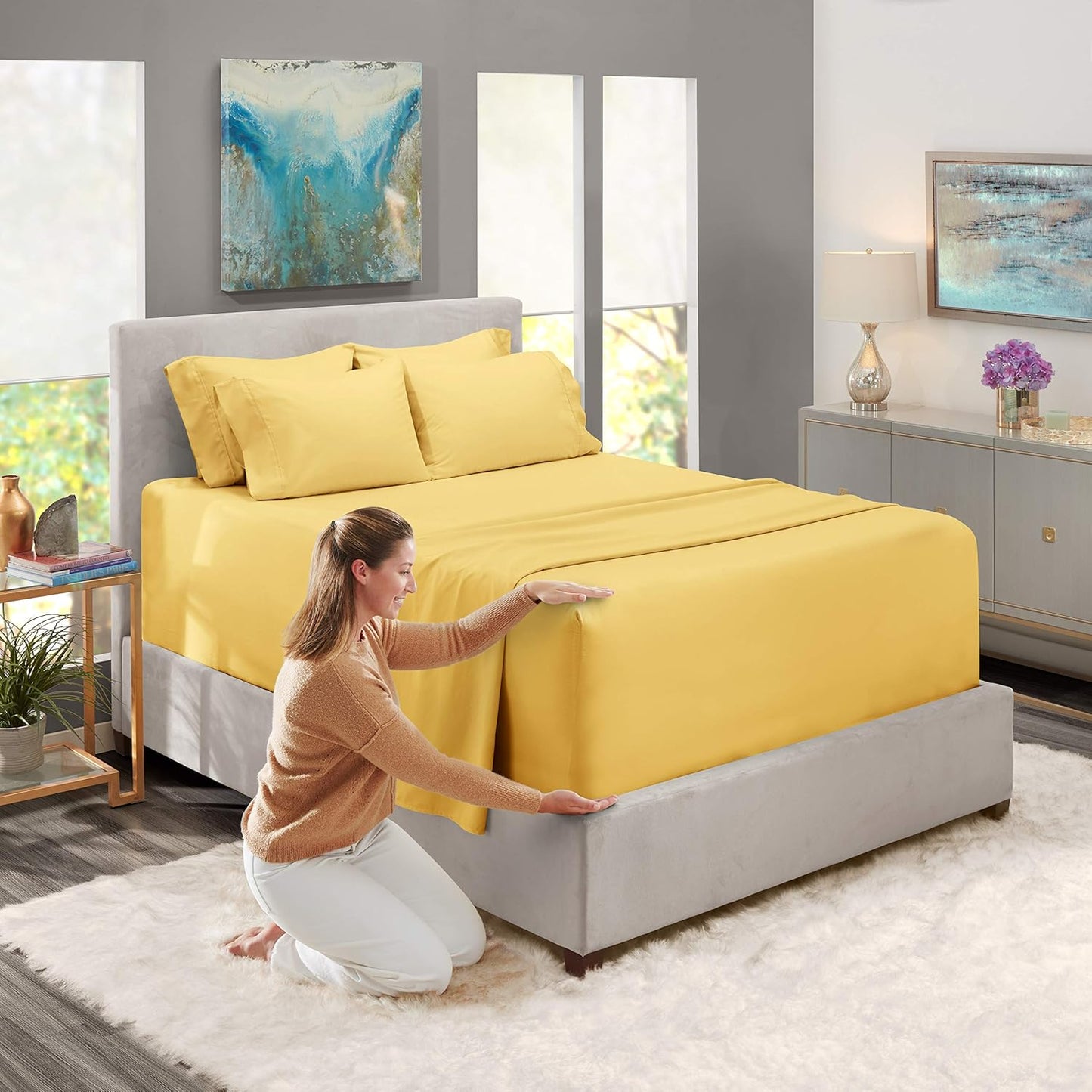 Extra Deep Pocket Sheet Sets, Luxury Soft 6 Piece Bed Sheet Set Fits Mattress 18-24 Inches - Full, Mellow Yellow