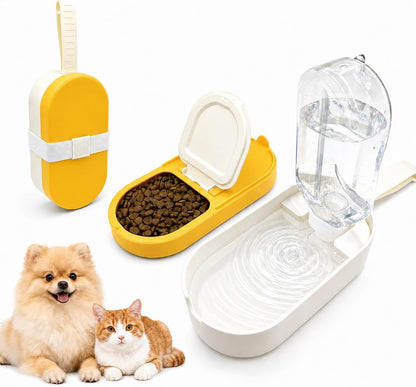 Portable Pet Bowl with Water Bottle and Food Container | Leak-Proof Collapsible Dog Cat Travel Feeder for Outdoor Adventures, Hiking, and Camping (Yellow)