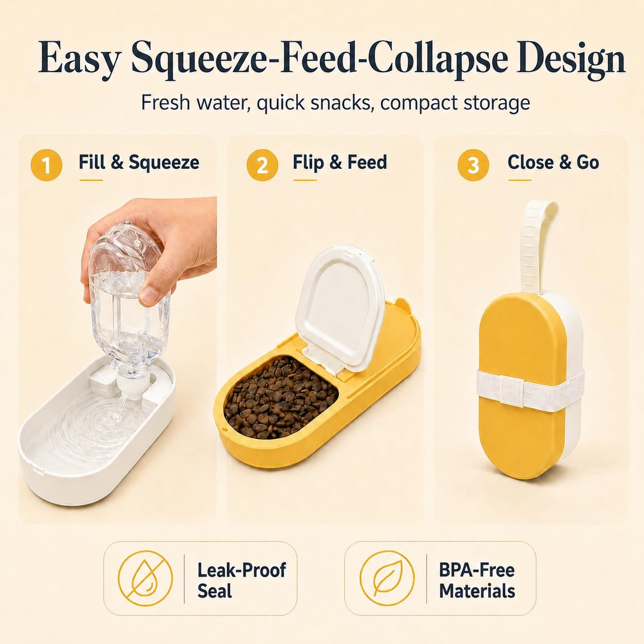 Portable Pet Bowl with Water Bottle and Food Container | Leak-Proof Collapsible Dog Cat Travel Feeder for Outdoor Adventures, Hiking, and Camping (Yellow)