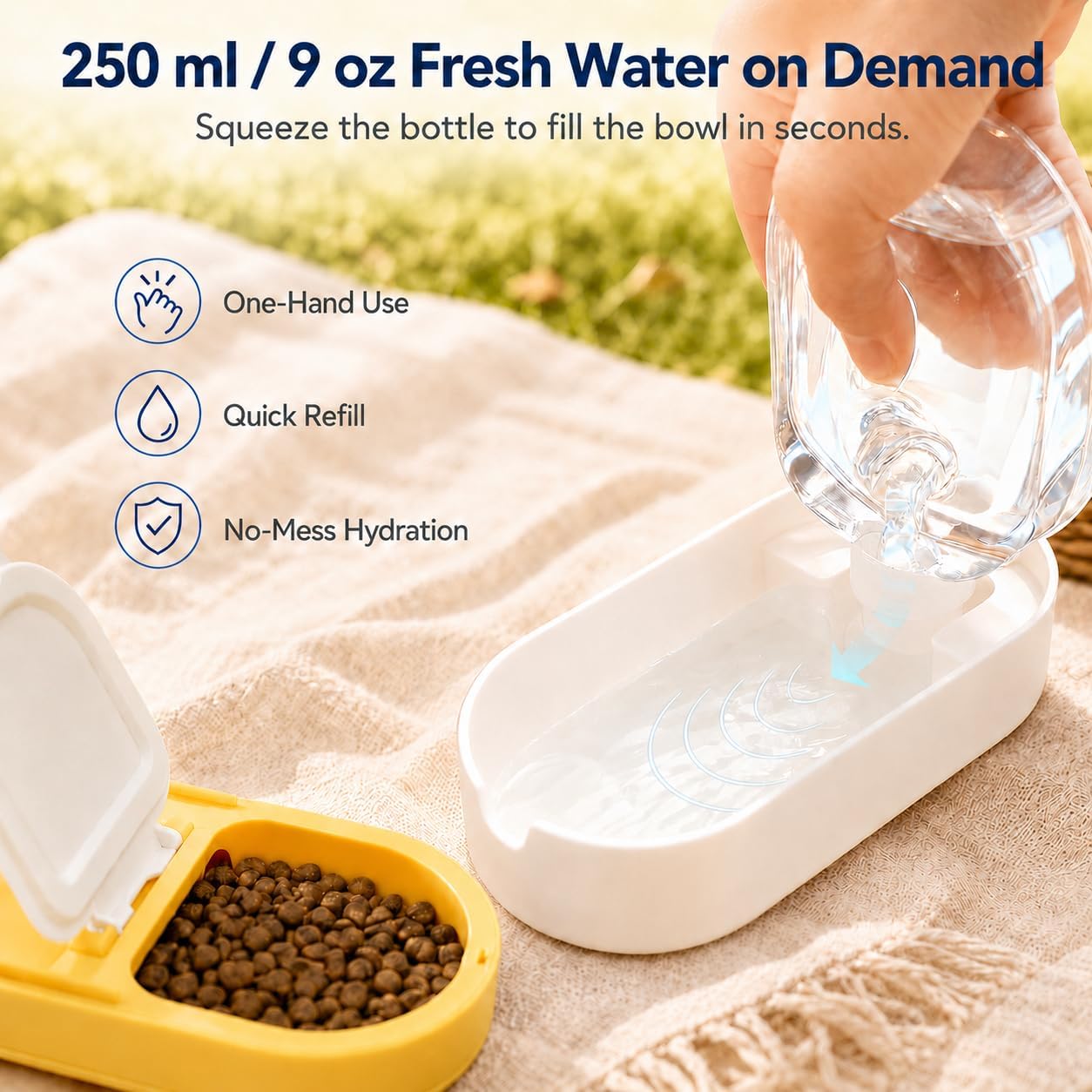 Portable Pet Bowl with Water Bottle and Food Container | Leak-Proof Collapsible Dog Cat Travel Feeder for Outdoor Adventures, Hiking, and Camping (Yellow)