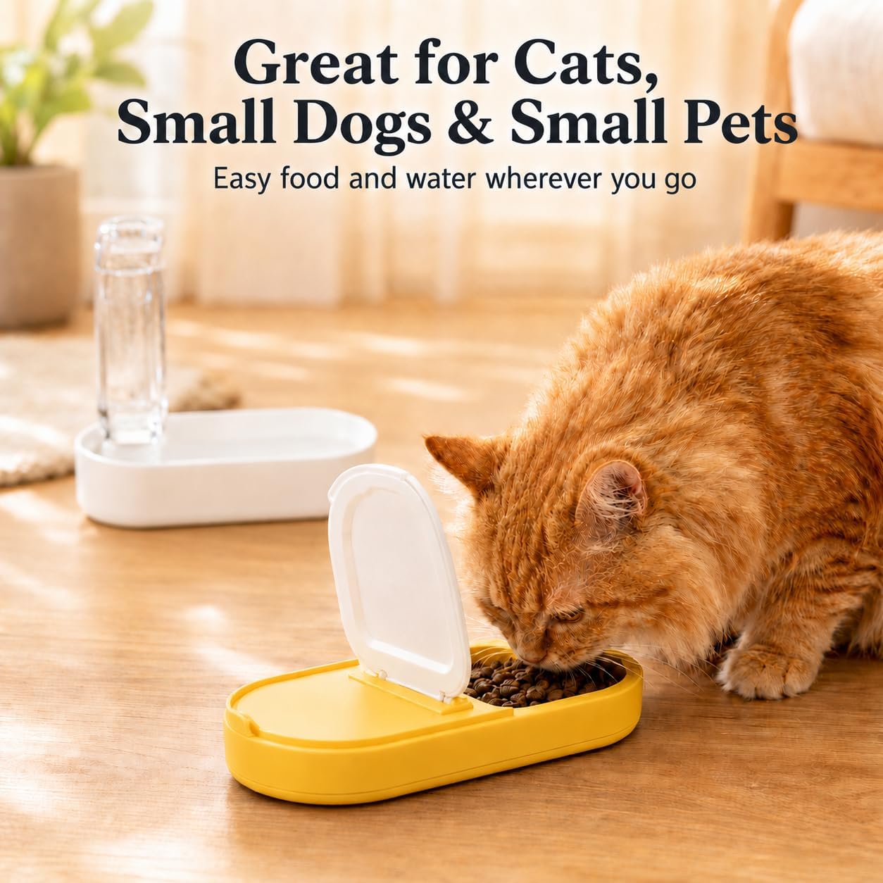 Portable Pet Bowl with Water Bottle and Food Container | Leak-Proof Collapsible Dog Cat Travel Feeder for Outdoor Adventures, Hiking, and Camping (Yellow)