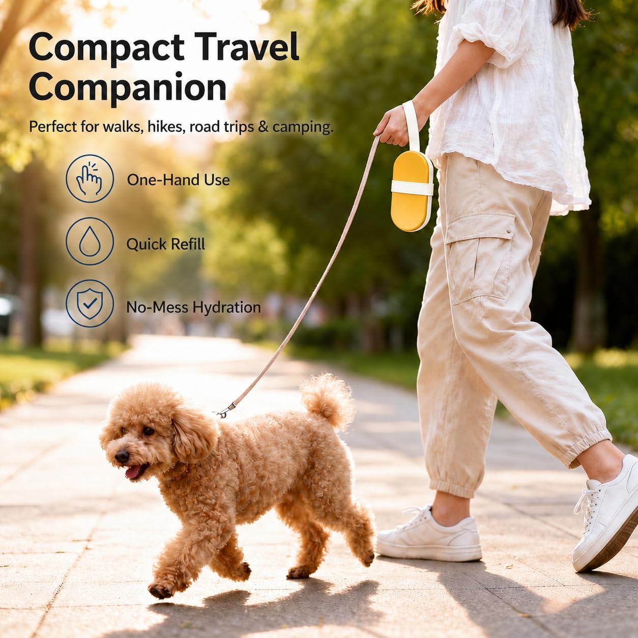Portable Pet Bowl with Water Bottle and Food Container | Leak-Proof Collapsible Dog Cat Travel Feeder for Outdoor Adventures, Hiking, and Camping (Yellow)