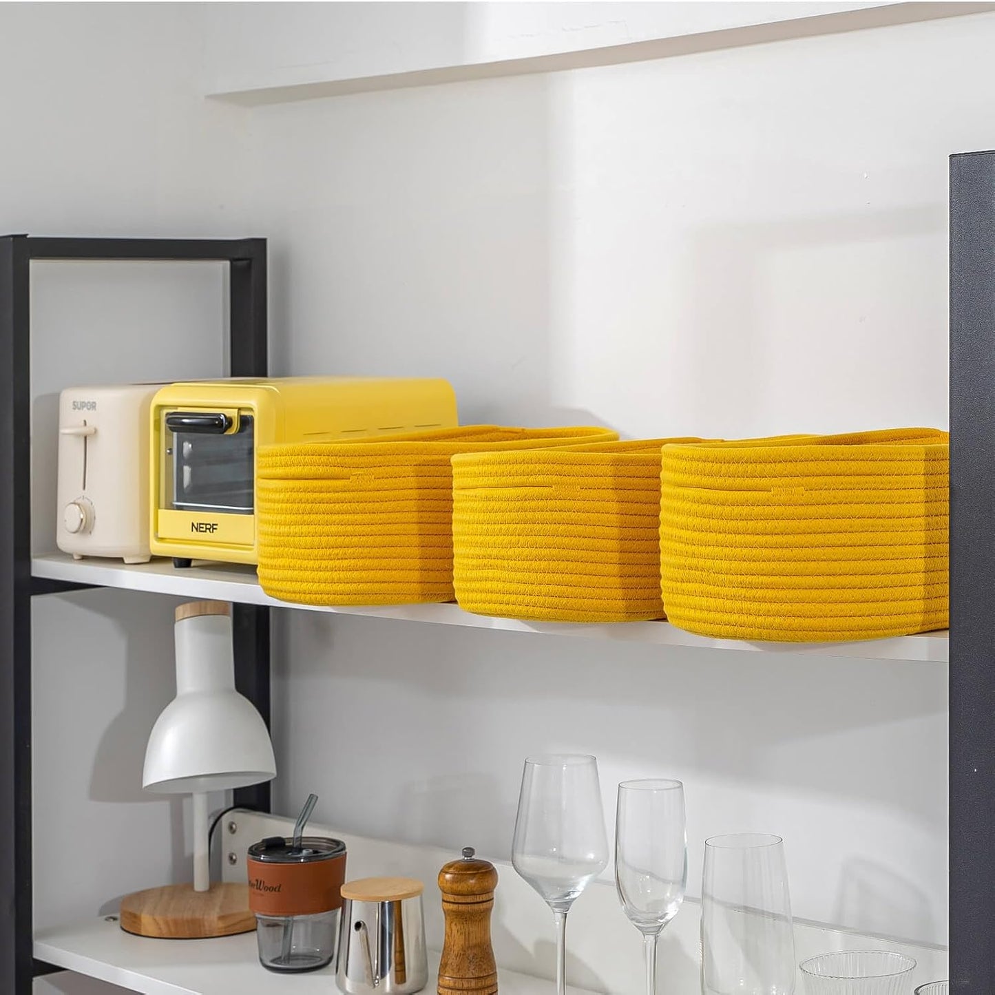 Cube Shelf Closet Storage Baskets Bins Set 2,Woven Basket for Organizing/Storage,Long-lasting &Skin-friendly Toy Storage Basket Bin,Stylish Room Decor Basket,Yellow Cotton Rope Basket