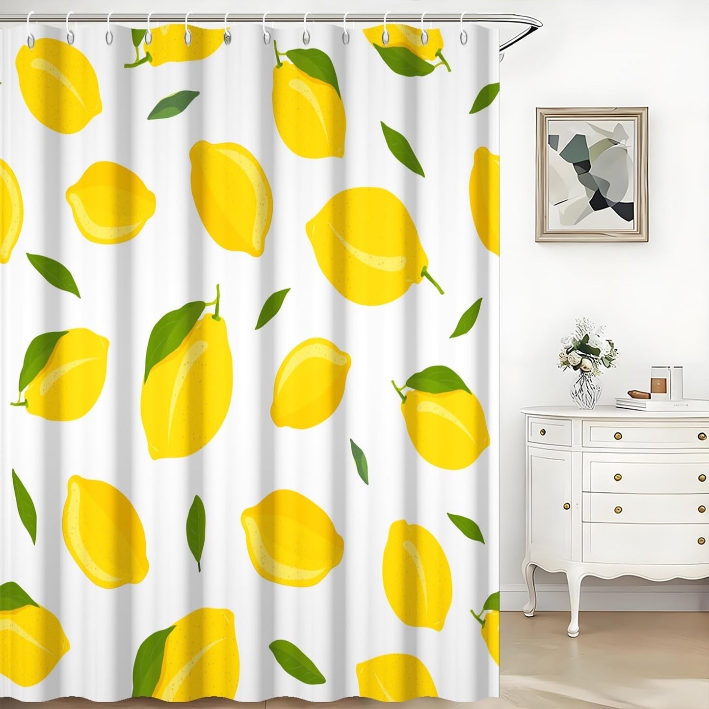 Yellow Lemon Shower Curtain for Bathroom Allover Fruits Summer Lemon with Green Leaves Bath Curtain Bathtub Room Partition Decor Waterproof Fabric Shower Curtain Set with Hooks,72x72inch