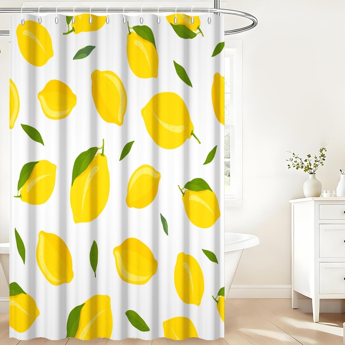 Yellow Lemon Shower Curtain for Bathroom Allover Fruits Summer Lemon with Green Leaves Bath Curtain Bathtub Room Partition Decor Waterproof Fabric Shower Curtain Set with Hooks,72x72inch