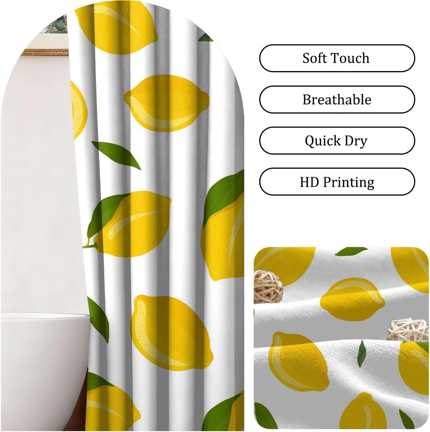 Yellow Lemon Shower Curtain for Bathroom Allover Fruits Summer Lemon with Green Leaves Bath Curtain Bathtub Room Partition Decor Waterproof Fabric Shower Curtain Set with Hooks,72x72inch