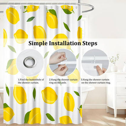 Yellow Lemon Shower Curtain for Bathroom Allover Fruits Summer Lemon with Green Leaves Bath Curtain Bathtub Room Partition Decor Waterproof Fabric Shower Curtain Set with Hooks,72x72inch