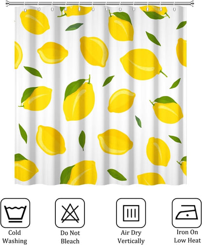 Yellow Lemon Shower Curtain for Bathroom Allover Fruits Summer Lemon with Green Leaves Bath Curtain Bathtub Room Partition Decor Waterproof Fabric Shower Curtain Set with Hooks,72x72inch
