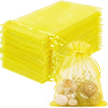 100PCS Lemon Yellow Sheer Organza Bags 3x4 in, Goodie Bags Bulk | Small Mesh Gift Bag with Drawstring for Wedding Party Favor, Drawstring Pouch for Jewelry, Sachet Bags for Treat, Candy, Soap