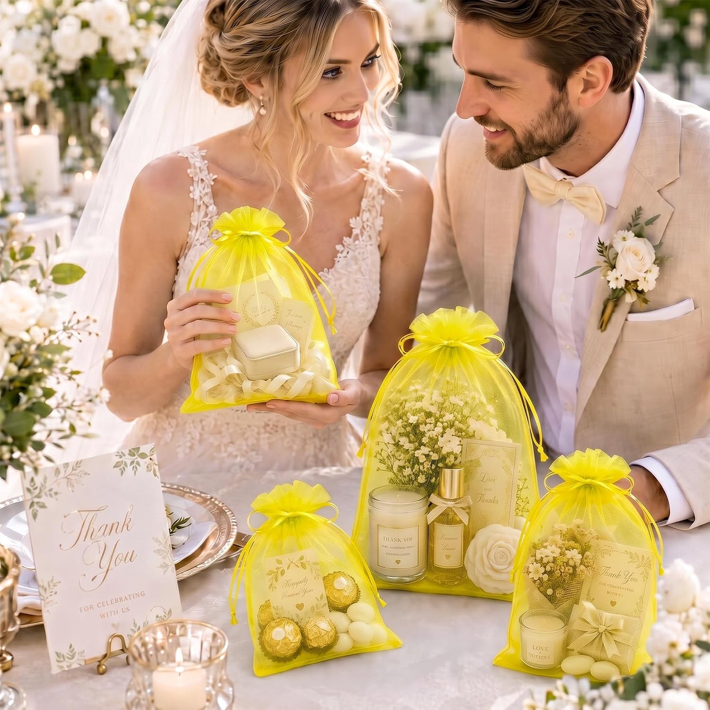 100PCS Lemon Yellow Sheer Organza Bags 3x4 in, Goodie Bags Bulk | Small Mesh Gift Bag with Drawstring for Wedding Party Favor, Drawstring Pouch for Jewelry, Sachet Bags for Treat, Candy, Soap