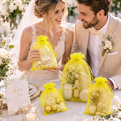 100PCS Lemon Yellow Sheer Organza Bags 3x4 in, Goodie Bags Bulk | Small Mesh Gift Bag with Drawstring for Wedding Party Favor, Drawstring Pouch for Jewelry, Sachet Bags for Treat, Candy, Soap