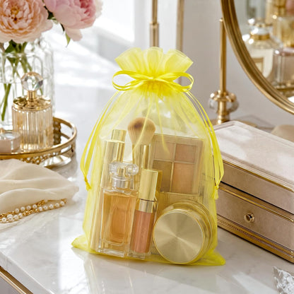100PCS Lemon Yellow Sheer Organza Bags 3x4 in, Goodie Bags Bulk | Small Mesh Gift Bag with Drawstring for Wedding Party Favor, Drawstring Pouch for Jewelry, Sachet Bags for Treat, Candy, Soap