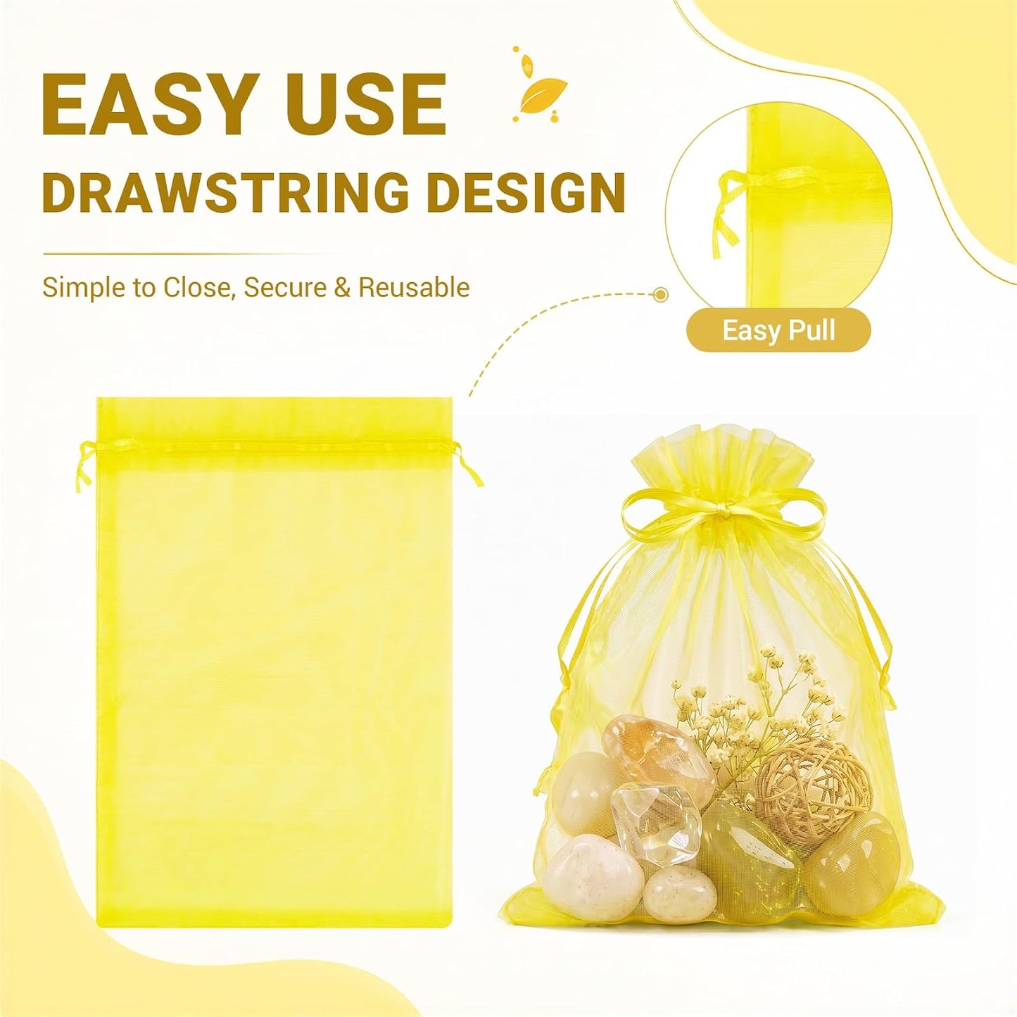 100PCS Lemon Yellow Sheer Organza Bags 3x4 in, Goodie Bags Bulk | Small Mesh Gift Bag with Drawstring for Wedding Party Favor, Drawstring Pouch for Jewelry, Sachet Bags for Treat, Candy, Soap
