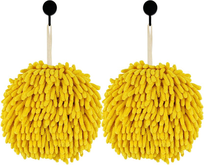 Fuzzy Ball Hand Towels,Chenille Quick Dry，Set of 2, 6.9in (Light Yellow 2pcs)