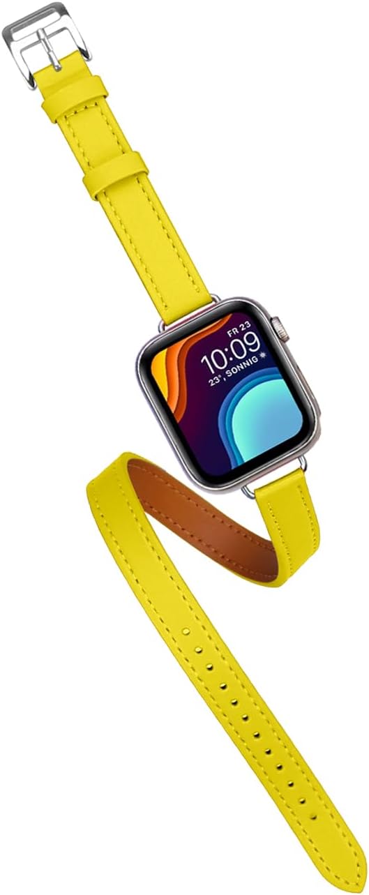 Slim Leather Band Compatible With Apple Watch Band Bracelet 38mm 40mm 41mm 42mm 44mm 45mm 49mm Double Tour Watch Band for iWatch Ultra 2/Ultra Series 9 8 7 6 5 4 3 2 1 SE