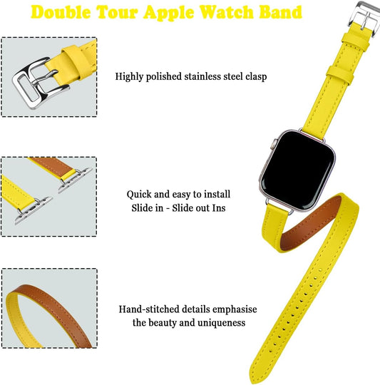 Slim Leather Band Compatible With Apple Watch Band Bracelet 38mm 40mm 41mm 42mm 44mm 45mm 49mm Double Tour Watch Band for iWatch Ultra 2/Ultra Series 9 8 7 6 5 4 3 2 1 SE