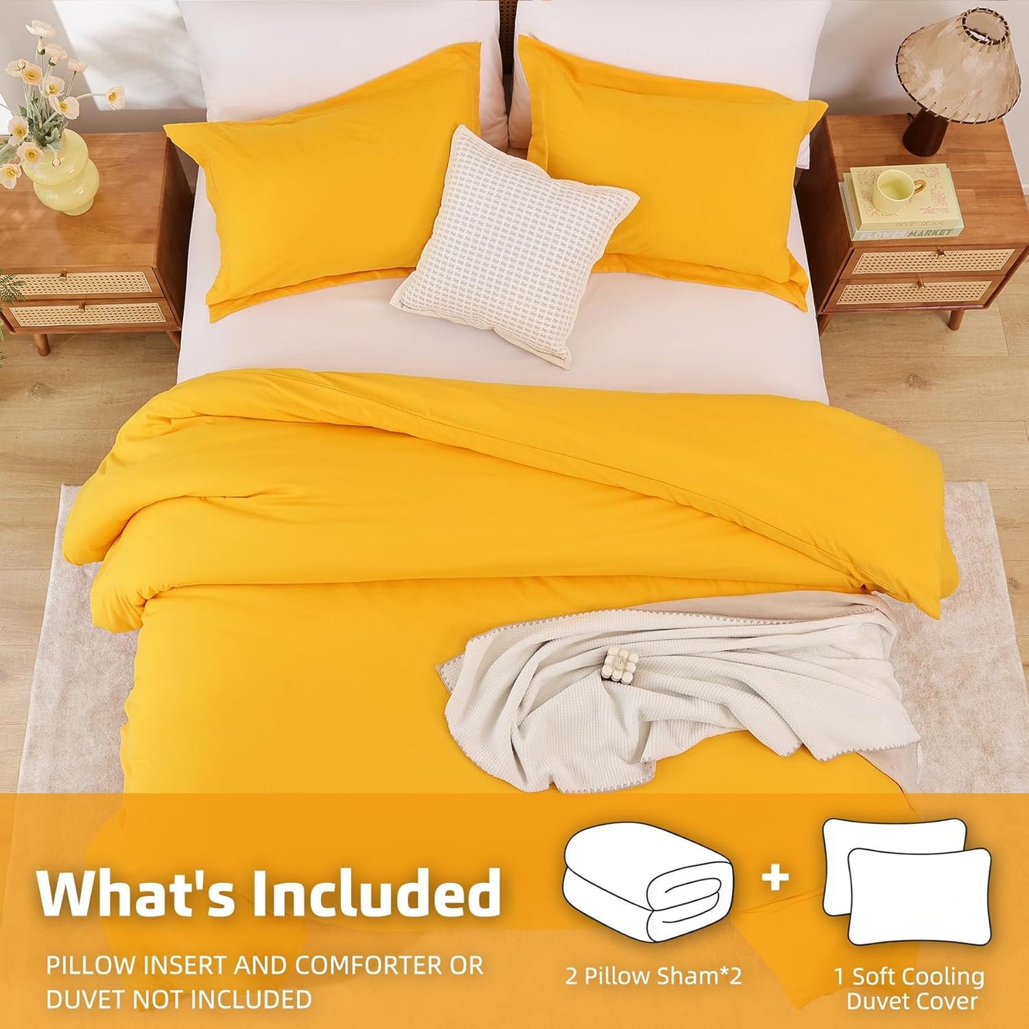 Yellow Duvet Cover Set King Size - 3 Piece Luxury Soft Cooling Duvet Cover with Zipper Closure and Pillow Sham, Breathable Washed Brushed Microfiber, Comforter Not Included