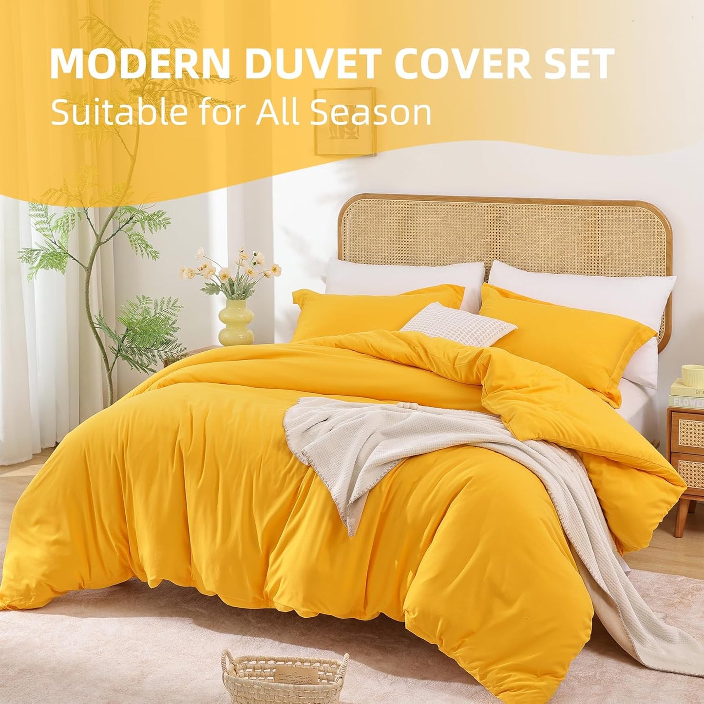 Yellow Duvet Cover Set King Size - 3 Piece Luxury Soft Cooling Duvet Cover with Zipper Closure and Pillow Sham, Breathable Washed Brushed Microfiber, Comforter Not Included