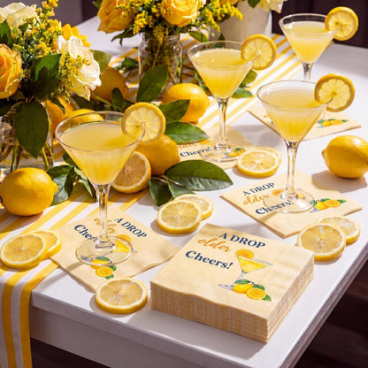 100 Pcs a Drop of Older Lemon Cocktail Napkins Yellow Citrus Paper Napkin Summer Fruit Disposable Lemon Dinner Napkins for Kitchen Bathroom Summer Beverage Party Supplies