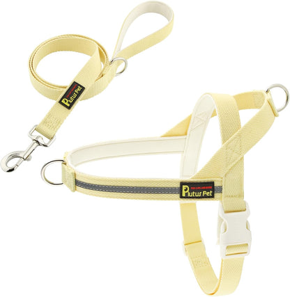 Cotton Dog Harness and Leash Set, Reflective and Soft Padded, Quick Fit Vest Harness, for Small, Medium and Large Dogs, Light Yellow, L