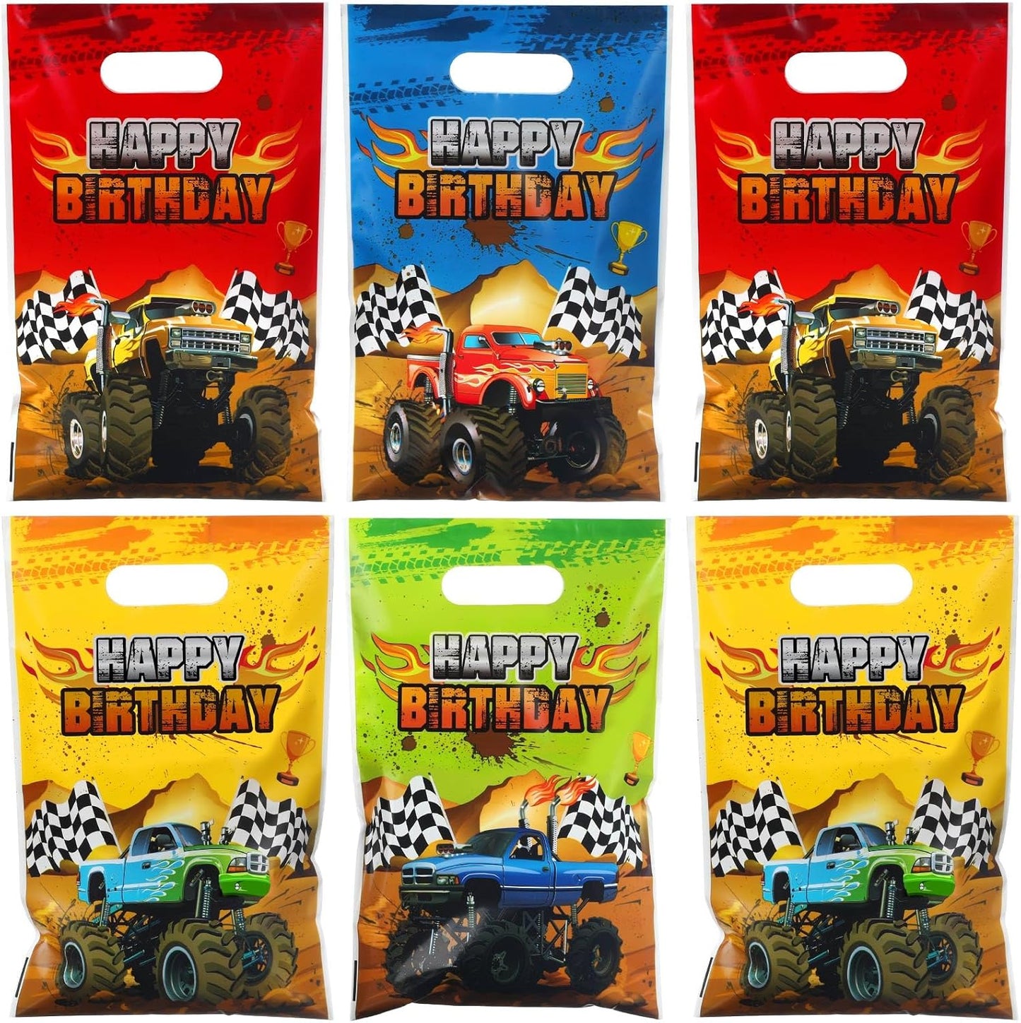 48 Pieces Monster Truck Party Favor Bags Bulk Plastic Happy Birthday Truck Treat Goodie Bags for Kids Racing Themed Decorations Monster Birthday Party Supplies Packing, 9.8 x 6.5 Inch