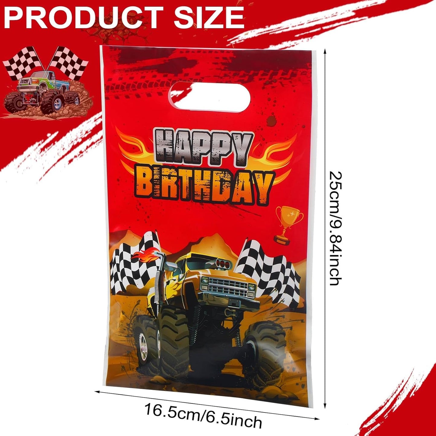 48 Pieces Monster Truck Party Favor Bags Bulk Plastic Happy Birthday Truck Treat Goodie Bags for Kids Racing Themed Decorations Monster Birthday Party Supplies Packing, 9.8 x 6.5 Inch