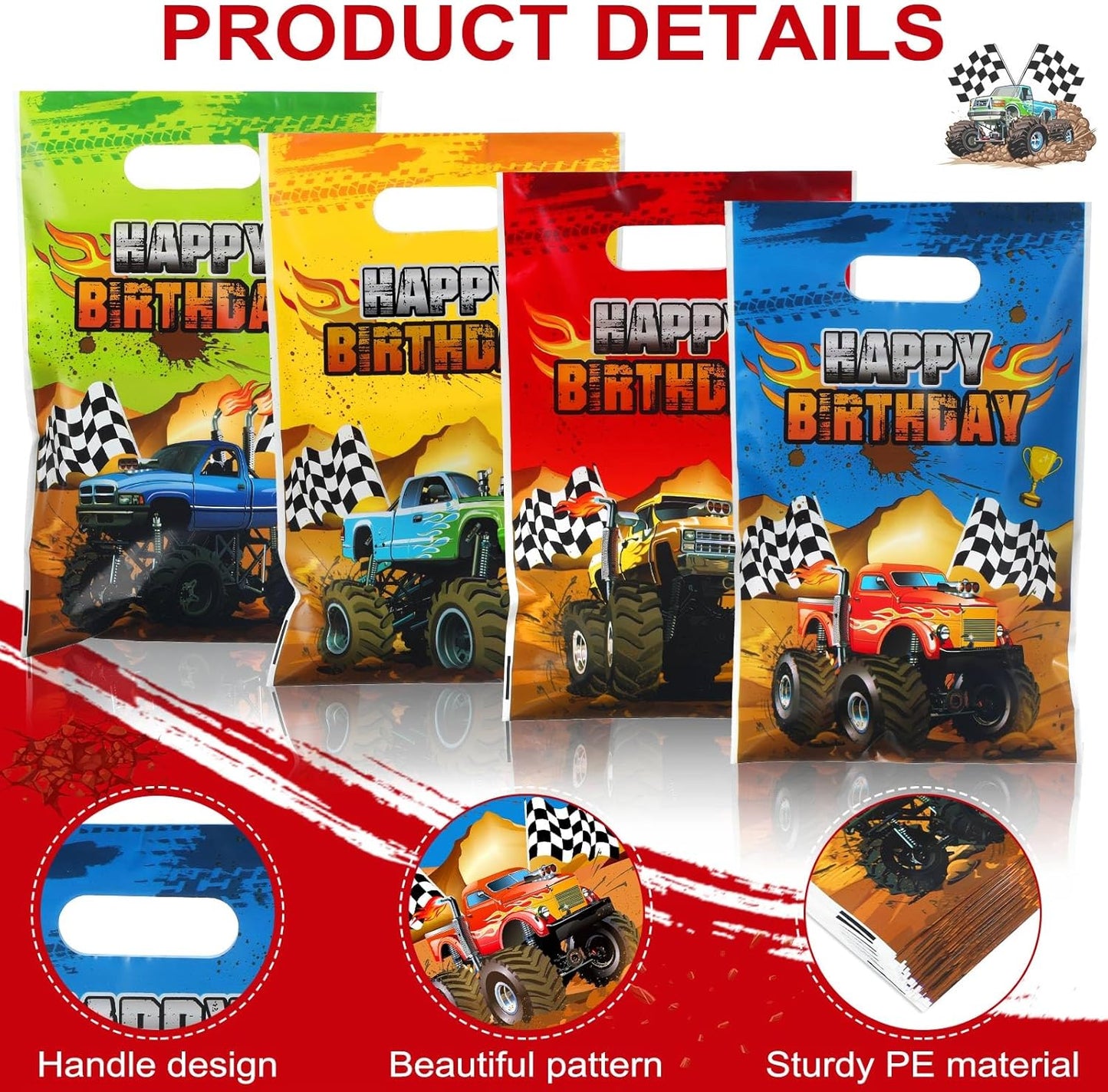 48 Pieces Monster Truck Party Favor Bags Bulk Plastic Happy Birthday Truck Treat Goodie Bags for Kids Racing Themed Decorations Monster Birthday Party Supplies Packing, 9.8 x 6.5 Inch