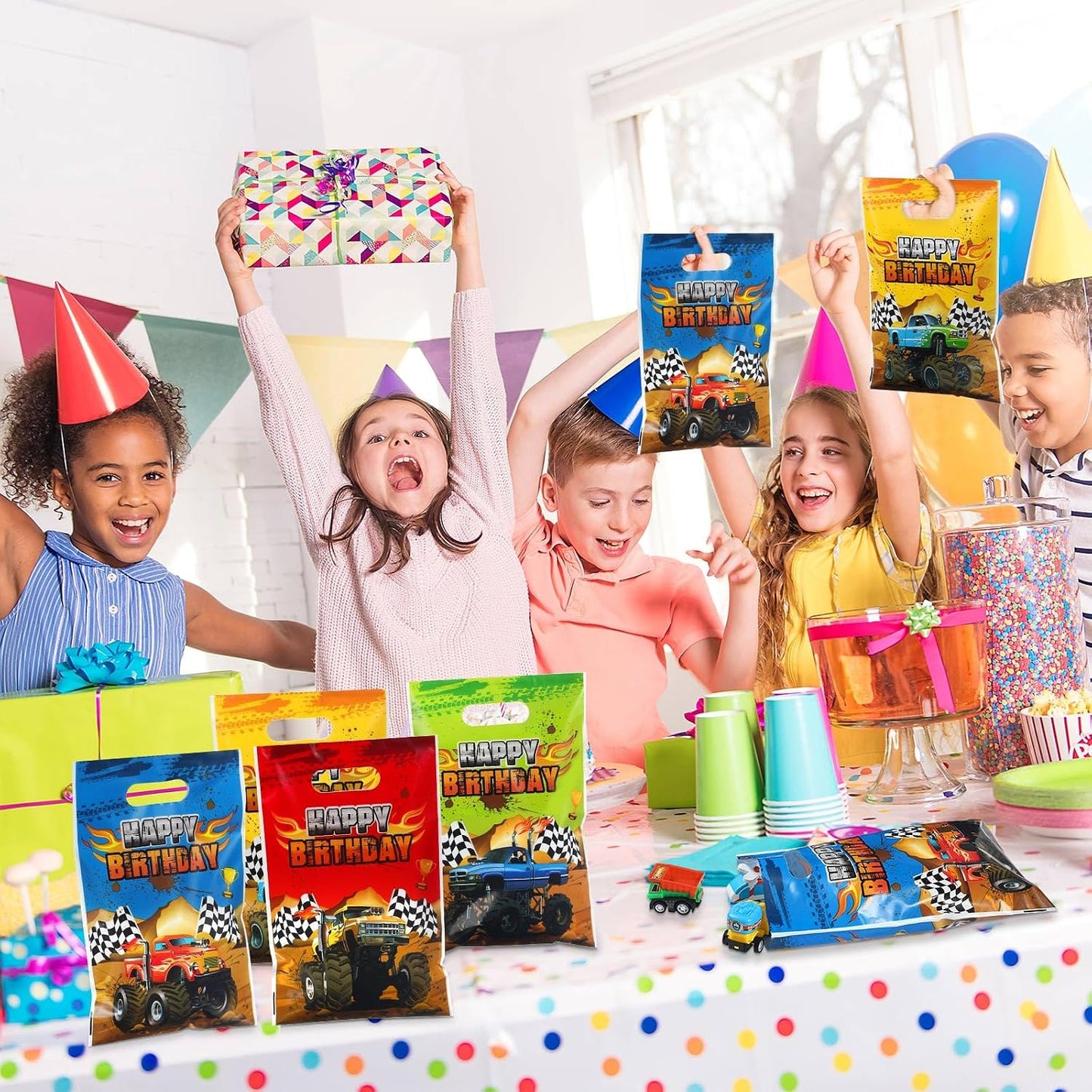 48 Pieces Monster Truck Party Favor Bags Bulk Plastic Happy Birthday Truck Treat Goodie Bags for Kids Racing Themed Decorations Monster Birthday Party Supplies Packing, 9.8 x 6.5 Inch