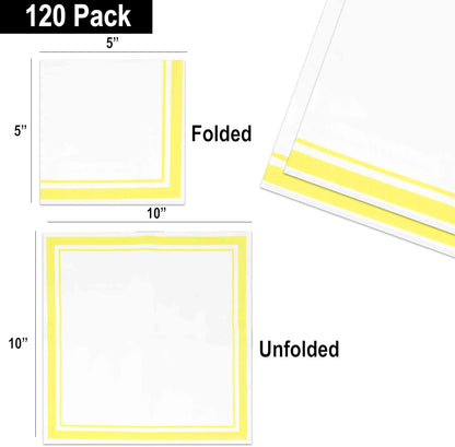 Yellow and White Cocktail Napkins – 120 Pack 5 x 5 Inch 3-Ply Disposable Lined Beverage Napkins for Parties, Birthdays, Baby Showers, Summer Events, and Everyday Entertaining