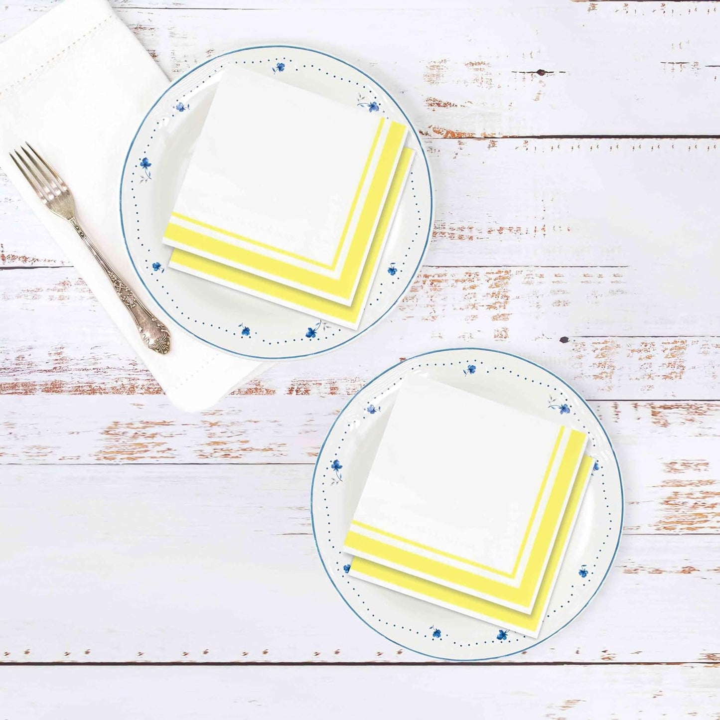 Yellow and White Cocktail Napkins – 120 Pack 5 x 5 Inch 3-Ply Disposable Lined Beverage Napkins for Parties, Birthdays, Baby Showers, Summer Events, and Everyday Entertaining