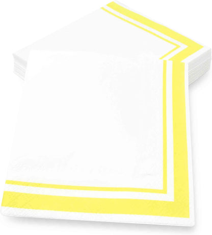 Yellow and White Cocktail Napkins – 120 Pack 5 x 5 Inch 3-Ply Disposable Lined Beverage Napkins for Parties, Birthdays, Baby Showers, Summer Events, and Everyday Entertaining