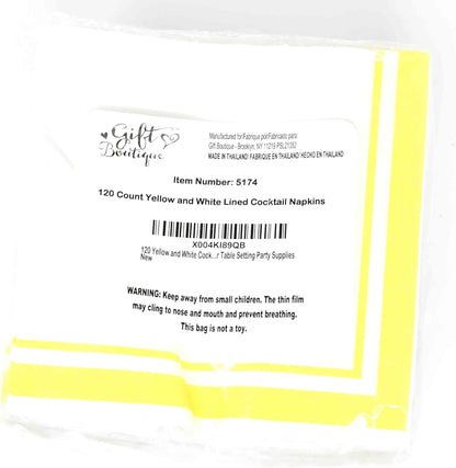 Yellow and White Cocktail Napkins – 120 Pack 5 x 5 Inch 3-Ply Disposable Lined Beverage Napkins for Parties, Birthdays, Baby Showers, Summer Events, and Everyday Entertaining