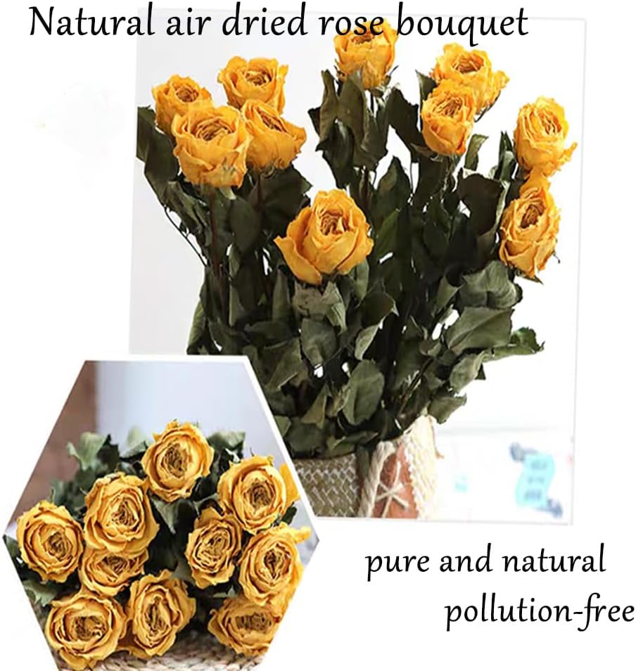 Natural Dried Flowers Bouquet, 10 Pcs Yellow Dried Roses Bouquet for Wedding Decoration and DIY Wreath Floral Home Decor