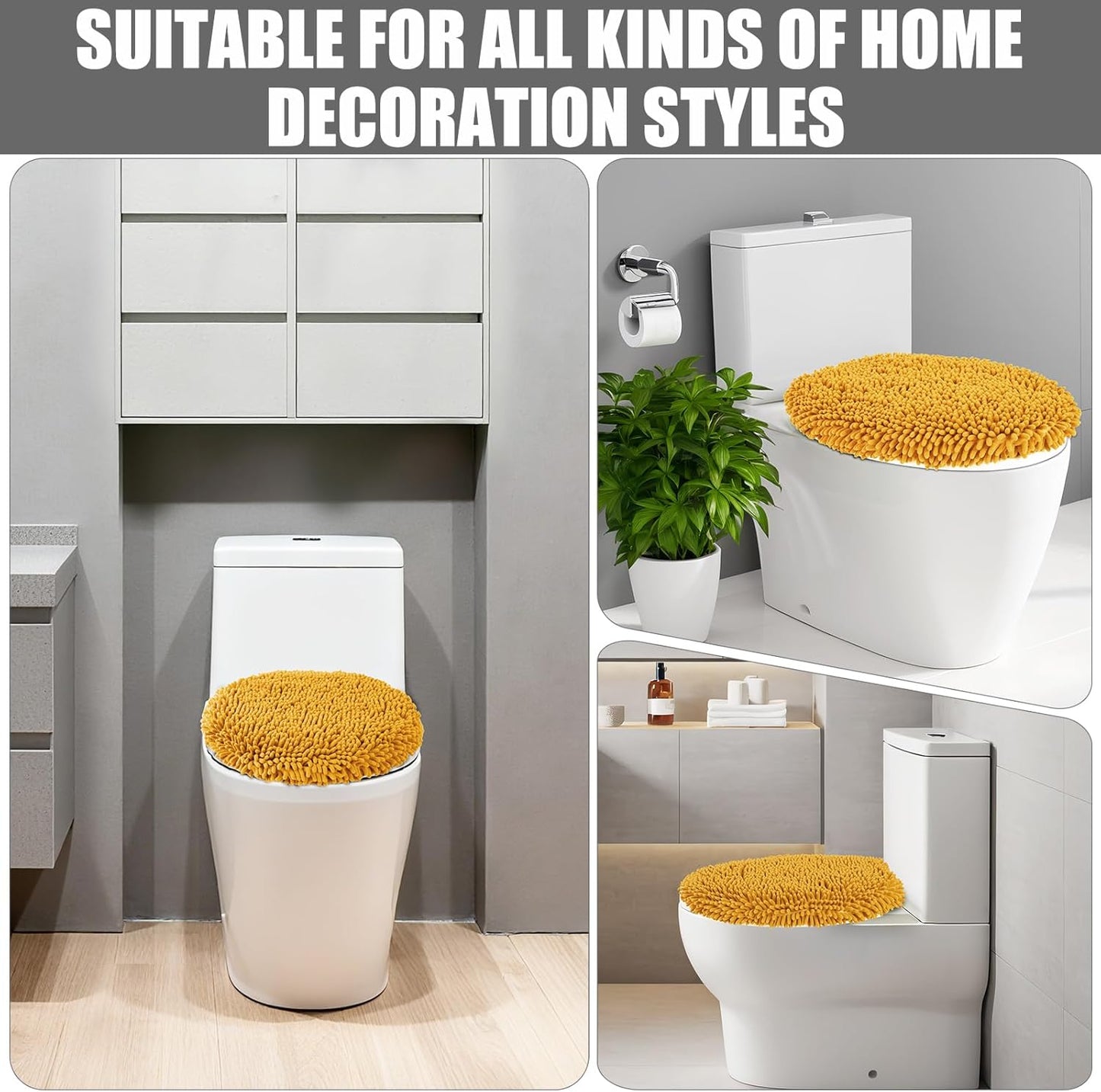 Chenille Elongated Toilet Seat Cover 19.5"x 15" Machine Washable Solid Toilet Lid Cover Adjustable Rubber Backing Fits Only 18-19.5" L x 14-16" W Elongated Toilet Seat
