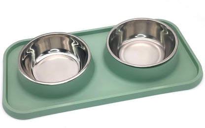 Double Dog Food Bowls Stainless Steel Dog Food and Water Bowls with Non-Spill Plastic Mat Pet Cat Feeder Bowl Set for Puppy Cats Kitten Small Medium Dogs Green
