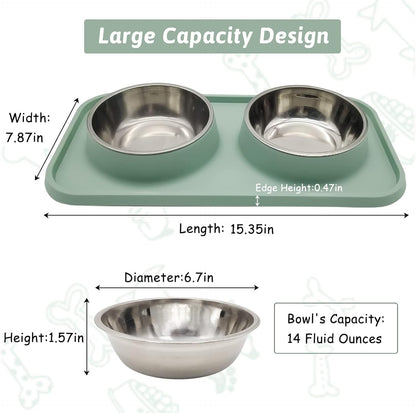 Double Dog Food Bowls Stainless Steel Dog Food and Water Bowls with Non-Spill Plastic Mat Pet Cat Feeder Bowl Set for Puppy Cats Kitten Small Medium Dogs Green
