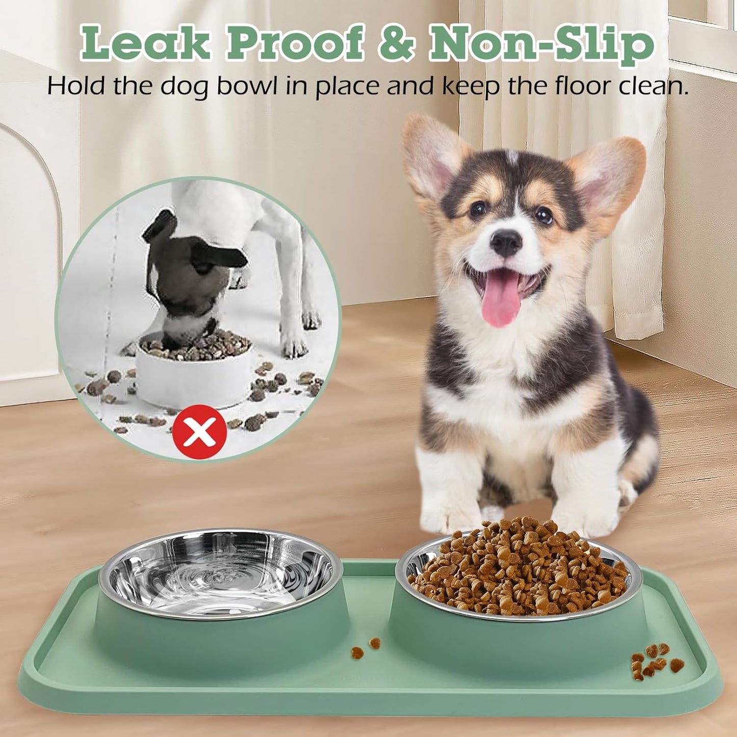 Double Dog Food Bowls Stainless Steel Dog Food and Water Bowls with Non-Spill Plastic Mat Pet Cat Feeder Bowl Set for Puppy Cats Kitten Small Medium Dogs Green