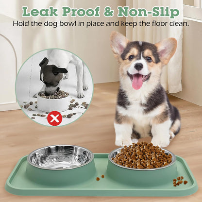 Double Dog Food Bowls Stainless Steel Dog Food and Water Bowls with Non-Spill Plastic Mat Pet Cat Feeder Bowl Set for Puppy Cats Kitten Small Medium Dogs Green