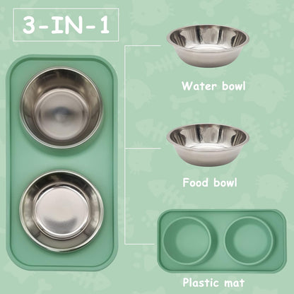 Double Dog Food Bowls Stainless Steel Dog Food and Water Bowls with Non-Spill Plastic Mat Pet Cat Feeder Bowl Set for Puppy Cats Kitten Small Medium Dogs Green
