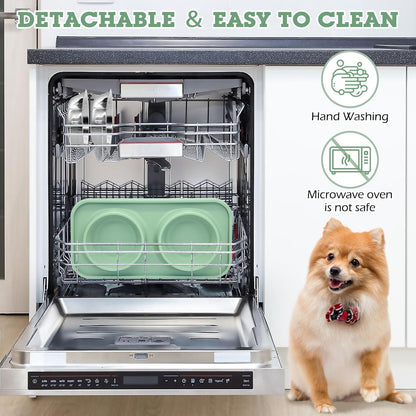 Double Dog Food Bowls Stainless Steel Dog Food and Water Bowls with Non-Spill Plastic Mat Pet Cat Feeder Bowl Set for Puppy Cats Kitten Small Medium Dogs Green