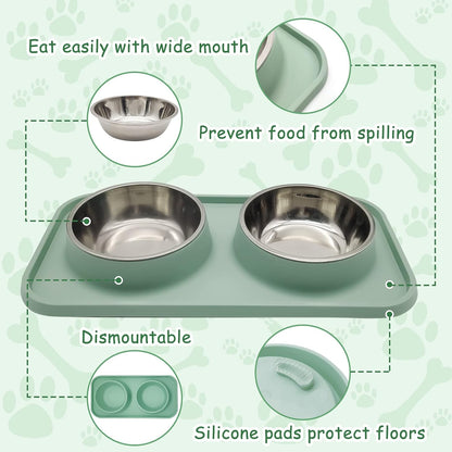 Double Dog Food Bowls Stainless Steel Dog Food and Water Bowls with Non-Spill Plastic Mat Pet Cat Feeder Bowl Set for Puppy Cats Kitten Small Medium Dogs Green