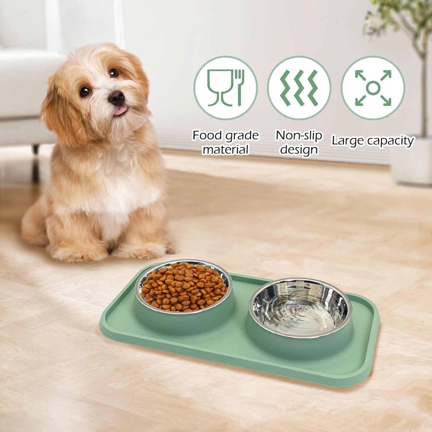 Double Dog Food Bowls Stainless Steel Dog Food and Water Bowls with Non-Spill Plastic Mat Pet Cat Feeder Bowl Set for Puppy Cats Kitten Small Medium Dogs Green