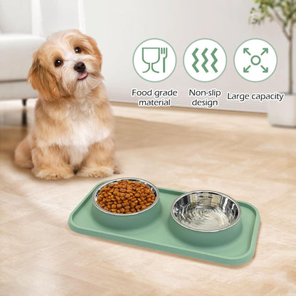Double Dog Food Bowls Stainless Steel Dog Food and Water Bowls with Non-Spill Plastic Mat Pet Cat Feeder Bowl Set for Puppy Cats Kitten Small Medium Dogs Green