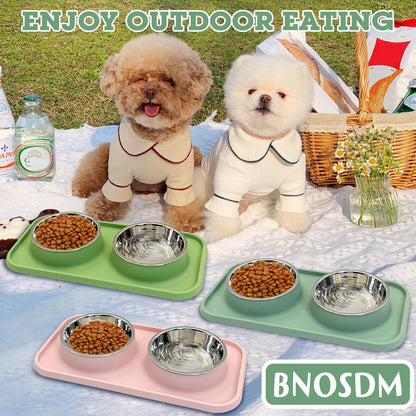 Double Dog Food Bowls Stainless Steel Dog Food and Water Bowls with Non-Spill Plastic Mat Pet Cat Feeder Bowl Set for Puppy Cats Kitten Small Medium Dogs Green