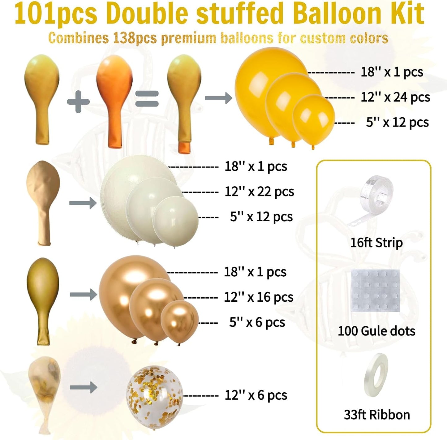 Yellow Balloon Arch Kit, Mustard Yellow, Ivory White and Gold | Double-Stuffed, 138 balloons for Birthday, Baby Shower, Bee Party, Sunflower/Lemon/Daisy Theme Decorations
