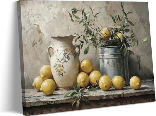 Vintage Lemons Canvas Wall Art Country Kitchen Wall Decor picture Antique Fruit Painting Prints Farmhouse Still life Artwork for Country Style Home Decoration 16x12in