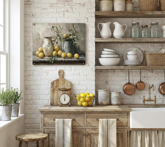 Vintage Lemons Canvas Wall Art Country Kitchen Wall Decor picture Antique Fruit Painting Prints Farmhouse Still life Artwork for Country Style Home Decoration 16x12in